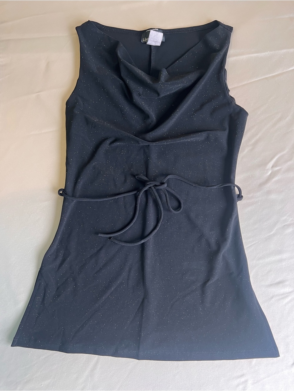 Vintage 90's Y2K Glitter Black Cowl Neck Party Sleeveless Top With Waist Tie